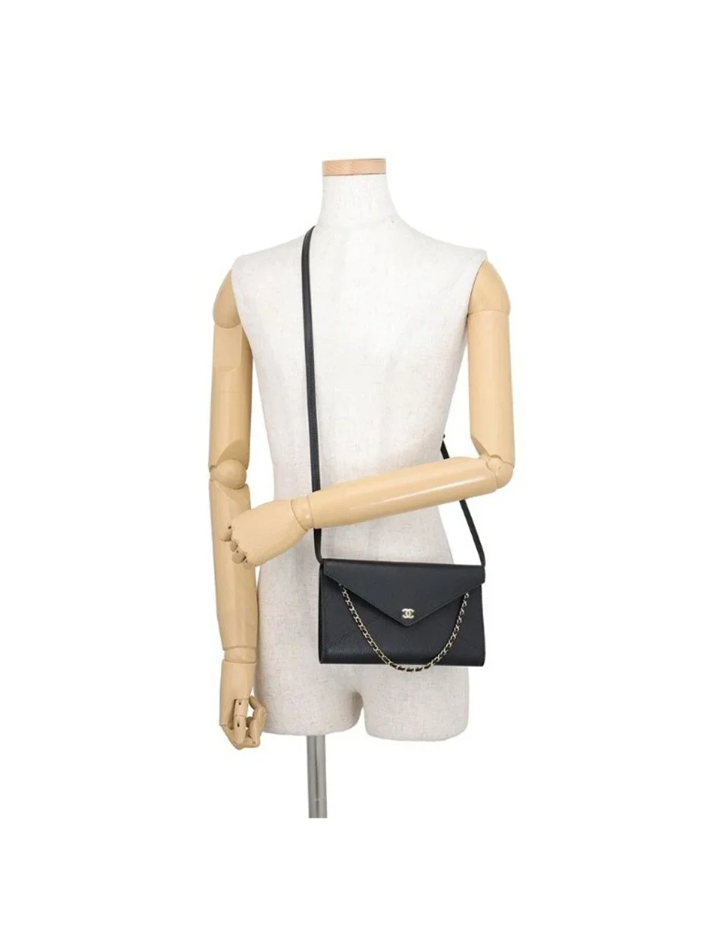 Chanel Chain Shoulder Bag Strap Clutch CC Logo Grained Goat Skin Black